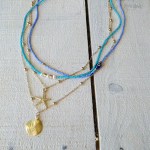 Medallion Layering Necklace, Boho Medallion Pendant, Coin Necklace, Gold Multistrand Necklace, Boho Turquoise Jewelry, Starfish Necklace image 3