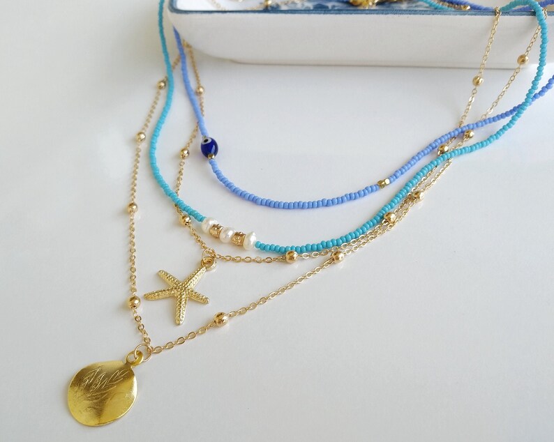 Medallion Layering Necklace, Boho Medallion Pendant, Coin Necklace, Gold Multistrand Necklace, Boho Turquoise Jewelry, Starfish Necklace Full Set of 4