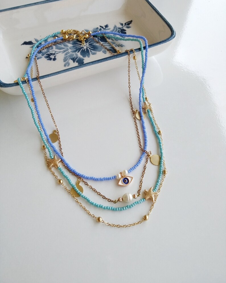 Evil Eye Multi Strand Necklace, Evil Eye Layering Necklace Set, Boho Sequin Layering Set, Blue Beaded Boho Jewelry, Multi Layer Charm Set image 2