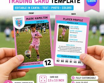 Plantilla de tarjeta de fútbol en Canva, tarjeta coleccionable de fútbol personalizada, tarjeta deportiva personalizada, perfil de fútbol juvenil, marco de Canva para tarjeta fotográfica de doble cara