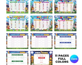 May include: A set of 11 colorful World Cup 2026 tournament bracket pages featuring group stage charts, knockout game schedules, and a final games sheet. Each page includes cartoon mascots, soccer balls, and national flags on a stadium background.