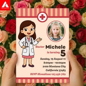 Modelo de convite de aniversário infantil rosa para impressão | Modelo de convite com tema de médico fofo | Cartão de aniversário com edição fácil de fotos e texto