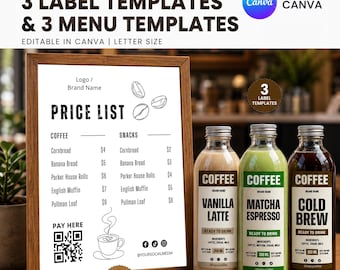 Paquete de elementos de marca para cafeterías, plantilla editable para etiquetas de botellas de café, plantilla de menú de bebidas en Canva, etiqueta para café frío y lista de precios.