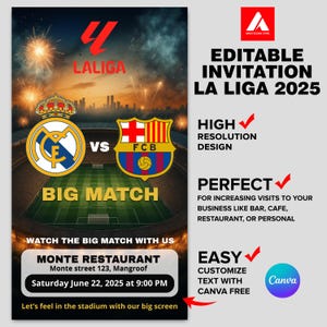 Editable Invitation La Liga Watch Party for Bar, Restaurant, Cafe, Home | Football Invitation Template | Editable Football Watch Party Flyer