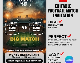 Football Watch Party Invitation: Editable Bar & Home Flyer (Canva Template Digital Download, World Cup Match Party