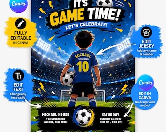 Football Birthday Invitation Template Canva, Boy Soccer Party Invite Printable, Sports Birthday Card