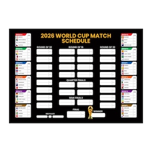 May include: A black 2026 World Cup Match Schedule poster featuring gold text, organised into groups A through L with national flags and blank score boxes, alongside a tournament bracket for the Round of 32 through the Final and a trophy icon.