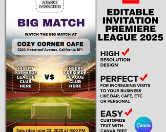 Soccer Watch Party Invitation: Editable Canva Template (Digital Download)