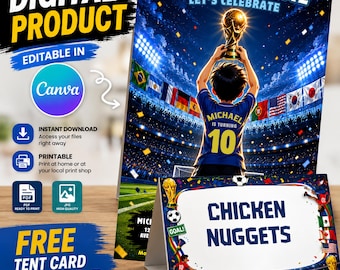 Invitación de cumpleaños con temática de la Copa Mundial de Fútbol, invitación editable para fiesta de fútbol en Canva, plantilla para tarjeta de mesa.