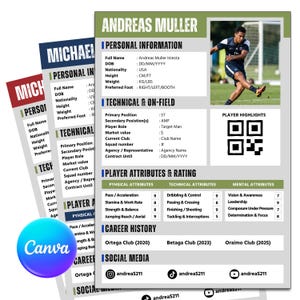Soccer Player Profile Sheet Canva Template, Football Athlete Bio Resume Printable, Sports Recruitment Portfolio with QR Code