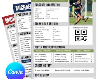 Soccer Player Profile Sheet Canva Template, Football Athlete Bio Resume Printable, Sports Recruitment Portfolio with QR Code