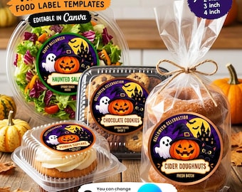 Plantilla de etiquetas para comida de Halloween en Canva, etiquetas imprimibles para snacks espeluznantes, etiquetas para recuerdos de fiesta de Halloween, etiquetas para dulces de cupcakes de calabaza.