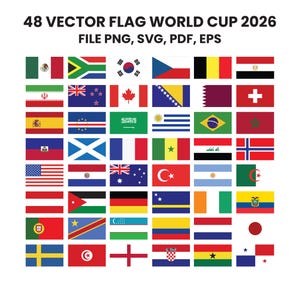 以下が含まれることがあります： 48 VECTOR FLAG WORLD CUP 2026 FILE PNG, SVG, PDF, EPSと記された、グリッド状に並べられた48枚の長方形の国旗のコレクション。各旗は、世界中の様々な国を表す多様な色、シンボル、パターンで構成されています。