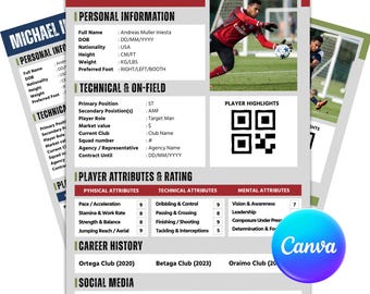 Football Player Profile Template with QR Code | Soccer Resume Canva | Player Portfolio | Sports CV | Digital Download