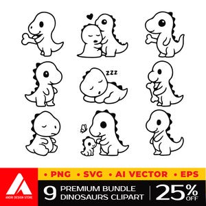 Cute Dinosaur Clipart Bundle SVG, PNG, VECTOR - Digital Download Dino Graphics  - Comemercial Use Dinosaurs Clipart