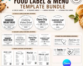 Editable Bakery Food Label & Menu Template Bundle Canva, Cookie Sticker Packaging Label, Price List Design, Printable Bakery Thank You Card