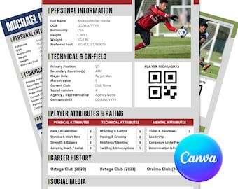 Plantilla de perfil de jugador de fútbol con código QR / Currículum de fútbol en Canva / Portafolio de jugador / CV deportivo / Descarga digital