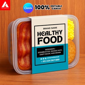 Lunch Box Label Template, Custom Meal Prep Packaging, Catering Food Label, Bakery Belly Band packaging Label