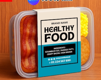 Lunch Box Label Template, Custom Meal Prep Packaging, Catering Food Label, Bakery Belly Band packaging Label