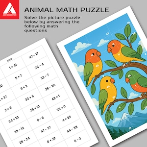 Könnte beinhalten: Lehrreiches Tier-Mathe-Puzzle mit bunten Vögeln auf einem Ast vor blauem Himmel. Das Puzzle enthält Matheaufgaben zum Lösen, mit dem Text "ANIMAL MATH PUZZLE" oben. Ein separates Blatt listet Matheaufgaben auf.