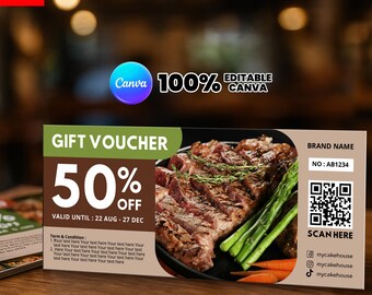 Burger/BBQ/Pizza/Cake Voucher Template Canva Design, Restaurant Gift Card, Dinner Food Discount