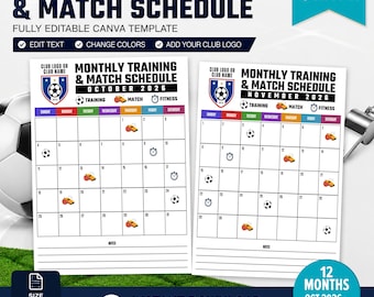 Plantilla de calendario de entrenamientos de clubes de fútbol, ​​calendario de equipos de fútbol, ​​planificador de partidos, plantilla editable de Canva, planificador de temporada de clubes.