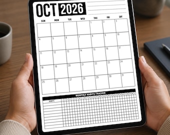 Calendario mensual imprimible con registro de hábitos, planificador mensual minimalista en PDF, tapete de escritorio con calendario en blanco y negro, descarga instantánea.