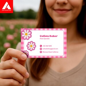 Cartão de Visita Floral Editável | Modelo Floral Fofo do Canva | Cartão de Visita com Xadrez Colorido | Cartão de Visita Feminino