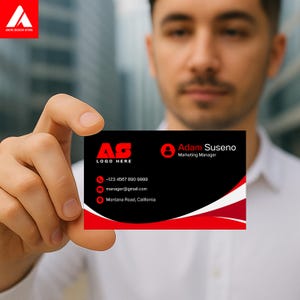Modelo de cartão de visita editável Canva | Cartão de visita com design moderno em preto, azul e vermelho | Cartão de visita com layout A4 para impressão com guia de corte