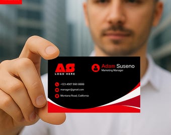 Modern Business Card Template: Black, Blue & Red Design (Canva Editable, A4 Printable Layout)