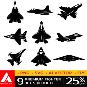 May include: Nine black fighter jet silhouettes in different designs are displayed. The image includes the text "PNG SVG AI VECTOR EPS" and "9 PREMIUM FIGHTER JET SHILOUETE 25% OFF".