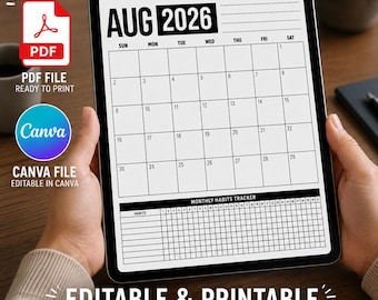 Habit Tracker & Calendar Printable, Monthly Planner, Editable Canva Calendar