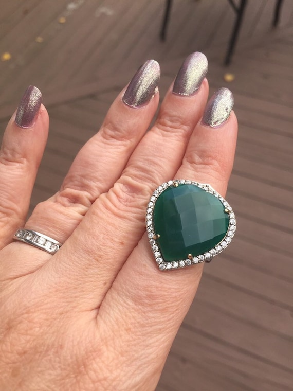 Oversized Green Onyx Ring Sterling Silver 14 kt. Y