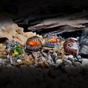 以下が含まれることがあります： 異なるデザインの樹脂製キーキャップ4個。キーキャップには、ドラゴン、花、炎、骸骨が描かれています。キーキャップは、小石と乾燥した葉のベッドの上に置かれています。