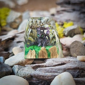 May include: A clear resin keycap with a small black dragon figurine inside. The dragon has green eyes and is sitting on a bed of green and brown resin.