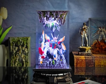 Epoxy Resin Gundam Lamp – Battle-Worn Wing Zero Beside Rock Wall, Handmade Resin Light | Broken Gundam Wing Zero Resting Scene