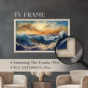 Moldura Champagne para TVs Samsung The Frame e TCL, com acabamento em madeira e opções de personalização na cor prata.