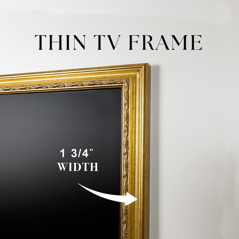 Close-up of the top right corner of a flat-screen television enclosed in a thin, ornate antique gold frame, mounted on a wall. Frame is 1 3/4 inches in width.