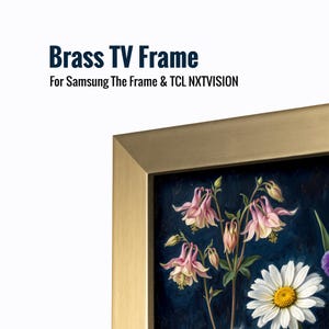 Pode incluir: Uma moldura de TV em latão para televisores Samsung The Frame e TCL NXTVISION. A moldura apresenta um acabamento metálico escovado e envolve um ecrã digital que mostra um fundo azul escuro com flores de aquilégia cor-de-rosa e uma margarida branca.