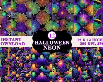May include: A collection of 12 Halloween-themed digital papers with neon colors. The designs include spiderwebs, witch hats, pumpkins, ghosts, and black cats. Each paper is 12 x 12 inches at 300 DPI. The words "Instant Download" and "Halloween Neon" are visible.
