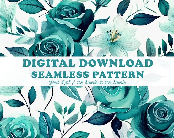 Teal Roses Digital Teal Roses & Lilies Seamless Pattern: Floral Digital Paper (digital ...