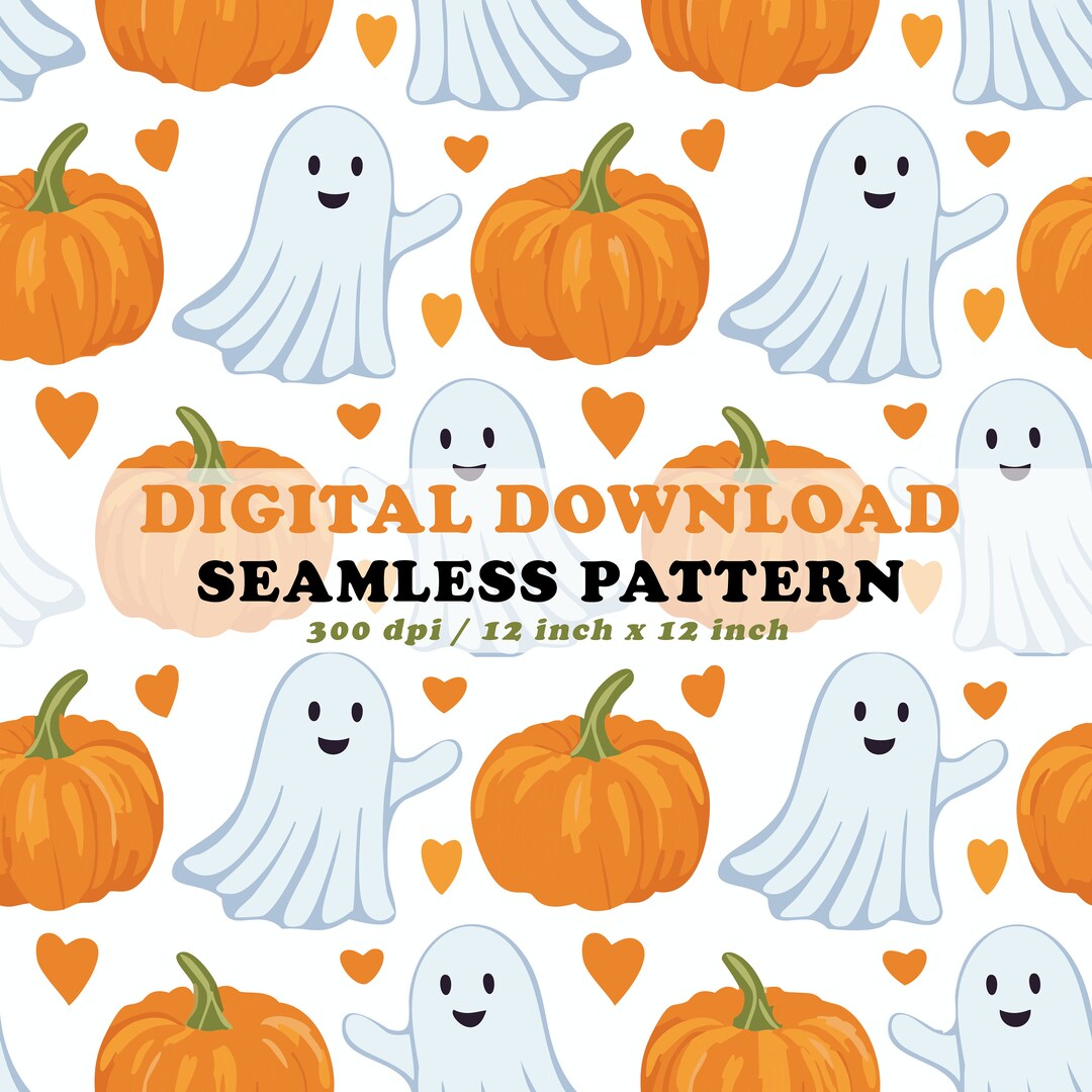 Halloween Cute Ghost Seamless Pattern, Ghost Seamless Pattern, Orange ...