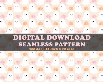 May include: A seamless pattern featuring white ghosts with smiling faces and orange pumpkins on a light peach background. The pattern is perfect for Halloween crafts and projects.