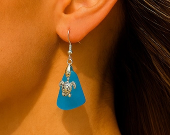 Turquoise Sea Glass Turtle Dangle Earrings – Sterling Silver Beach Jewelry
