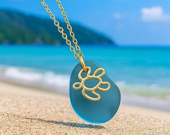 Sea Glass Turtle Necklace | Unisex Beach Jewelry | Hawaiian-Inspired Pendant with Copper Accent