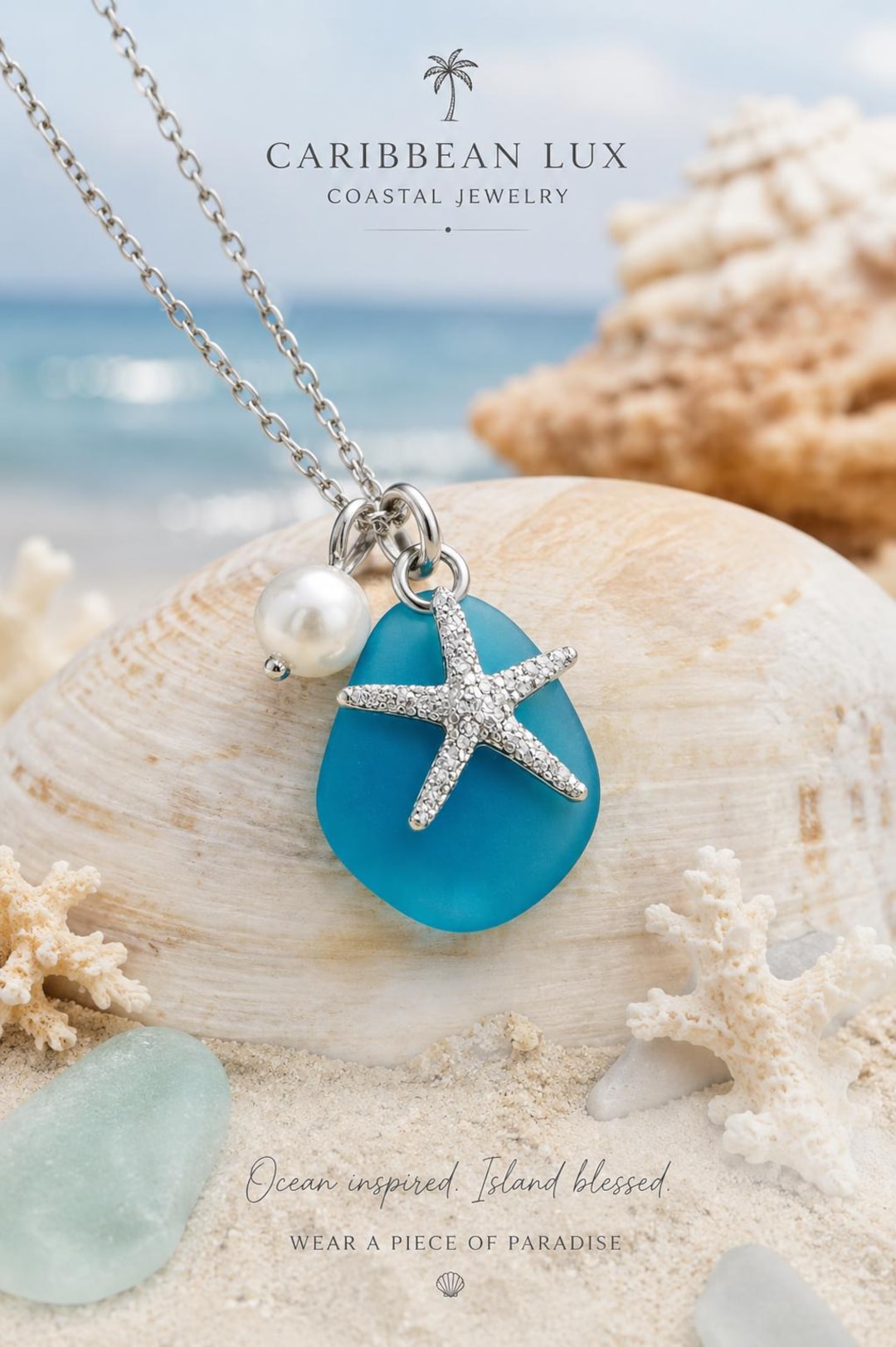 Blue Sea Glass Starfish Necklace Coastal Beach Jewelry Gift for Her - Etsy