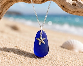 Royal Blue Sea Glass Starfish Necklace – Boho Ocean Pendant on Sterling Silver Chain