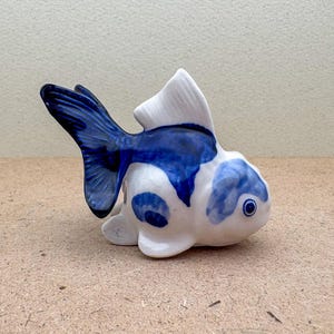 Handmade Ceramic Goldfish Figurine: Blue and White Aquatic Decor