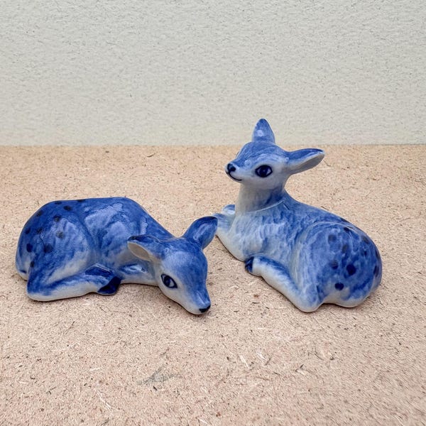 Blue Ceramic Fawn Figurines: Cottagecore Deer Statues, Set of 2