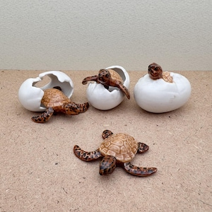 Op de afbeelding: Een verzameling keramische schildpadfiguren. Drie schildpadden komen uit witte eieren, terwijl een vierde schildpad in de buurt ligt. De schildpadden hebben bruine en bruin-beige schilden met donkerbruine patronen. De eieren zijn wit.